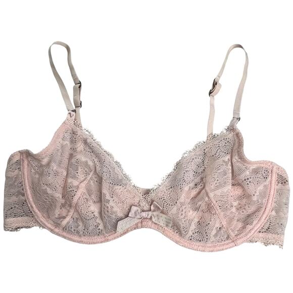 Vtg Y2K Victoria's Secret Unlined Demi Bra Sheer Pink Lace Bow Lolita Size 34C - Picture 1 of 5